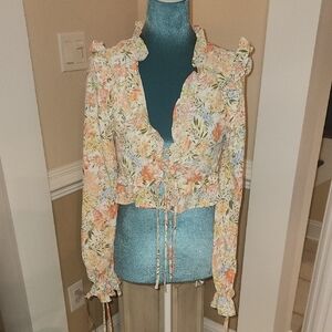 emory park Pastel Floral Ruffle-Trim Drawstring Crop Top